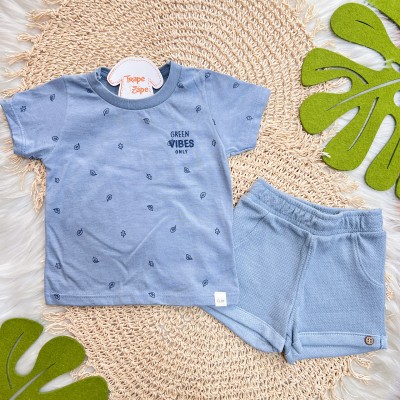 Conj. Camiseta Green Vibes Only e Bermuda em Linho - Azul Jeans